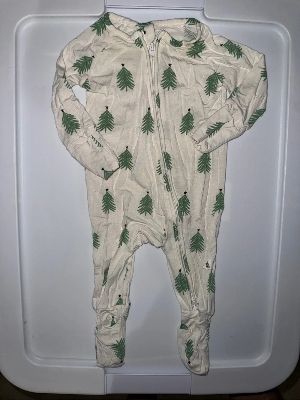 Cream Kids Footed Pajamas with Green Tree Print by